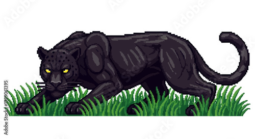 A stealthy black panther stalking through lush green grass.