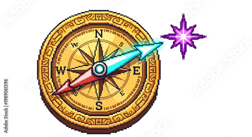 Antique Golden Compass With Glowing Star Guidance.