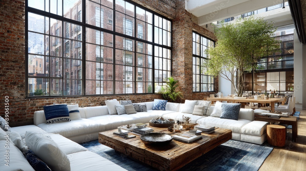Fototapeta premium Spacious residential loft interior features exposed brick walls and massive industrial style windows