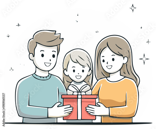 Family happily presents a gift box to a young girl