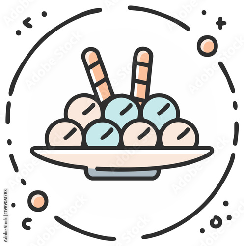 Cute Cartoon Icon of an Ice Cream Sundae with Wafer Sticks in a Bowl