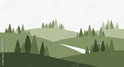 Illustration of green hills and trees.