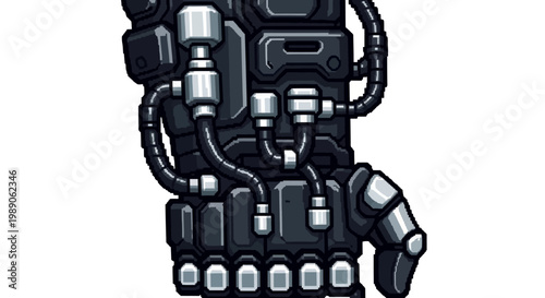Detailed Pixel Art Robotic Hand with Intricate Mechanical Components.