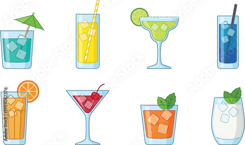 Refreshing Summer Cocktail and Mocktail Drinks Set with Ice Cubes, Citrus Slices, Mint Leaves and Colorful Beverages in Glasses Vector Illustration Collection