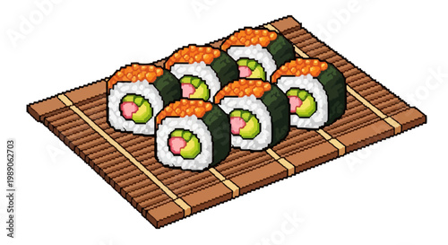 Delicious Sushi Rolls on Bamboo Mat.