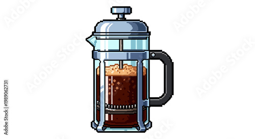 Detailed Illustration of a French Press Coffee Maker with Brewed Coffee.