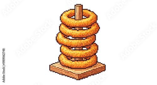 Crispy Golden Onion Rings Stacked on Wooden Stand.