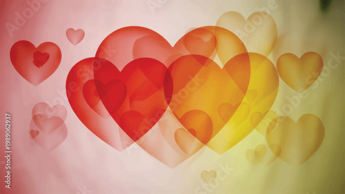 Abstract background, featuring multiple overlapping, heart shapes in, shades of red, orange, and yellow, with a soft, glowing gradient effect, symbolizing love, romance, and valentine day celebrations