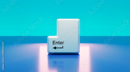 A single white Enter key with black lettering and an arrow sits centered on a reflective blue surface against a gradient teal backdrop keyboard computer technology digital