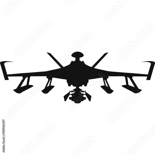 Black drone silhouette, vector aircraft icon, quadcopter, unmanned aerial vehicle