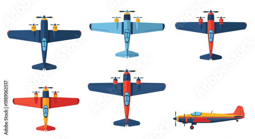 Vintage airplanes in various colors displayed in a flat vector style