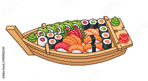 Delicious Sushi Boat Assortment Illustration.