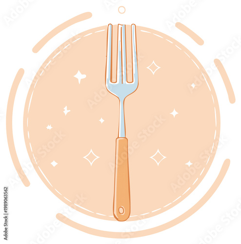 Stylized fork illustration with handle and sparks against peachy circle background culinary and kitchen vector design
