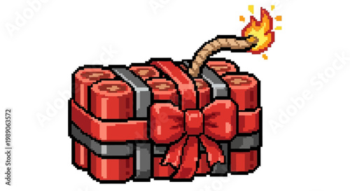 Dynamite Bomb with Burning Fuse and Red Ribbon.
