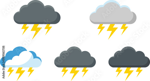 Thunderstorm Cloud Icon Set with Lightning Bolts and Rain Clouds for Weather Forecast, Storm Warning, Climate Apps and Meteorology Vector Illustration Collection