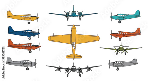 Collection of vintage single engine airplanes in various colors and perspectives