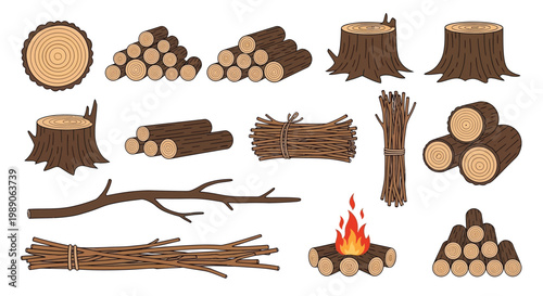 Collection of various wood elements logs stumps branches and a campfire