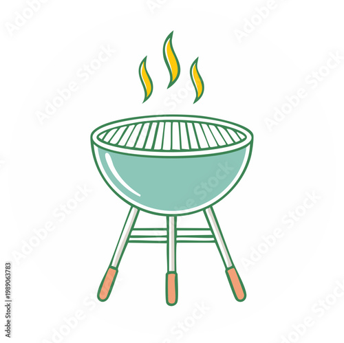 Simple line art icon of a classic barbecue grill with flames for a summer cookout