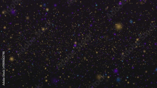 A mesmerizing dark abstract background featuring a dynamic swirl of golden and purple glowing particles, creating a magical atmosphere.