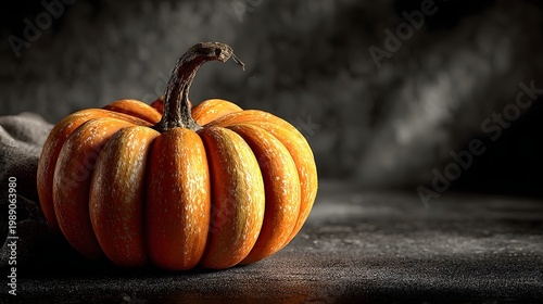 A small orange pumpkin sitting on a table