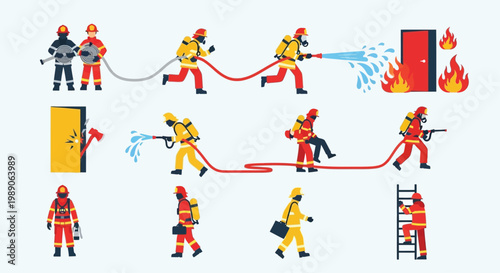 Illustrative depiction of firefighters in various emergency response scenarios