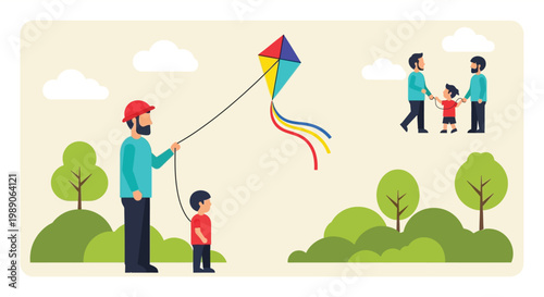 Family enjoying a sunny day flying a colorful diamond kite in the park