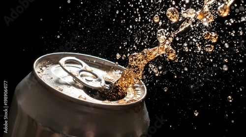 Macro Shot of Carbonated Beverage Splashing from Aluminum Can