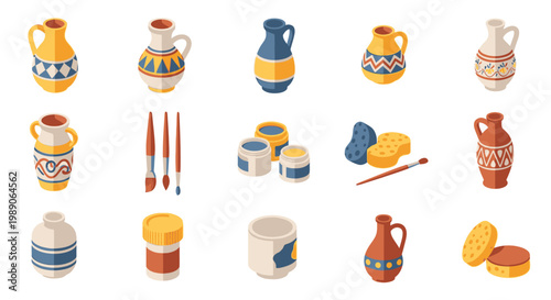 Collection of colorful ceramic pottery vases and painting tools displayed isometrically