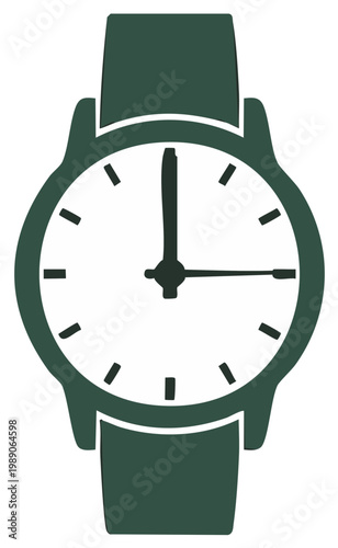 Minimalist dark green wristwatch icon showing three o'clock time concept of punctuality schedule