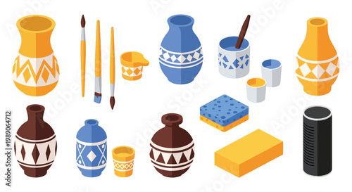 Colorful ceramic vessels brushes and pottery tools in a geometric arrangement