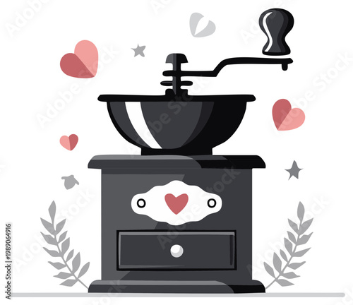 Vintage manual coffee grinder illustration with floating hearts, stars, and leaves for coffee lovers
