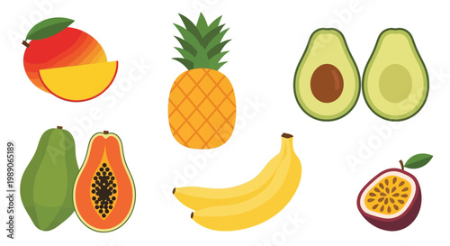 A colorful assortment of tropical fruits including mango pineapple and avocado