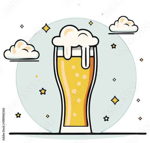 Stylized Glass of Golden Beer Overflowing with Foamy Head Amidst Celestial Elements