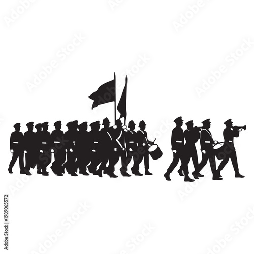 Military parade silhouette with bass drum, black and white