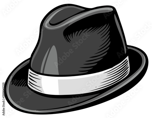 Classic Black Fedora Hat with White Band Stylized Illustration