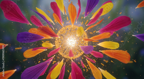 Ethereal floral explosion with glowing center and colorful petals for wellness retreat branding and relaxation therapy video content creation in natural health industry