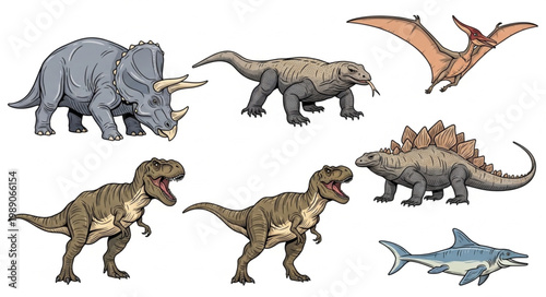 Collection of Prehistoric Dinosaur Illustrations and Creatures.