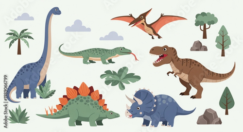 Collection of cartoon dinosaurs and prehistoric plants.