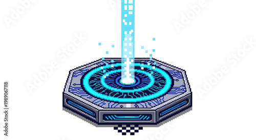 Futuristic Hexagonal Platform Emitting Blue Energy Beam.