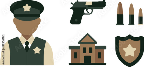 Police officer icon set featuring gun bullets badge shield and precinct building