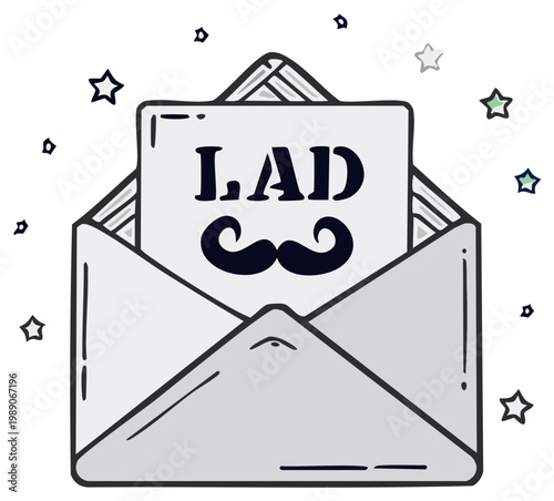 Fun cartoon envelope with a card and mustache graphic illustration for greeting and celebration.