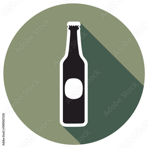 Vector illustration of a beer bottle with a long shadow against a green background