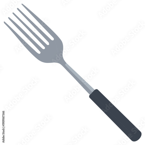 Simple Four Pronged Metal Fork with Dark Handle Isolated on White Background