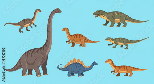 Collection of diverse prehistoric dinosaur species illustration.