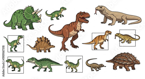 Collection of diverse prehistoric dinosaur species illustration.
