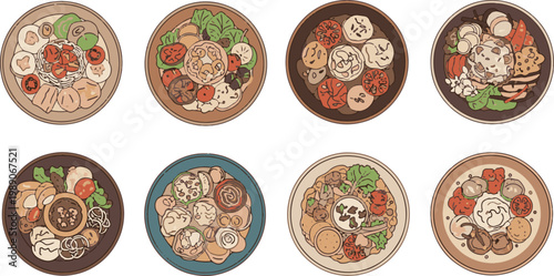 Eight plates of diverse food on white background, variety of international cuisine