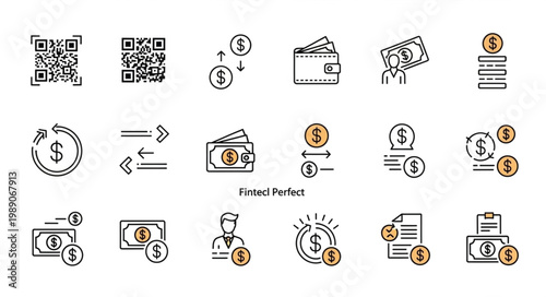 Financial Icons Representing Money Transactions and Payments.