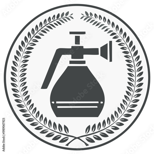 Vintage Garden Sprayer Icon in Circular Laurel Wreath Embellishment for Products or Labels