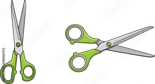 Green scissors with open blades on white background, illustration