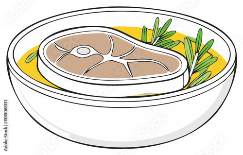 Bowl of Soup with Cut of Meat and Rosemary Garnish Detailed Illustration